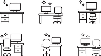 Simple linear desk cleaning icon set showing wiping, dusting, and surface care in minimalist style.
