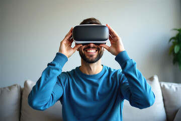 Happy man wearing virtual reality headset at home sitting on sofa. Smiling person experiencing VR technology for gaming, entertainment or education in modern living room.