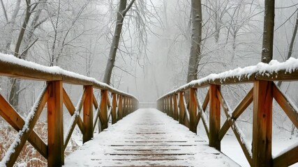 A wooden bridge with snow on it. The bridge is covered in snow and is surrounded by trees - Powered by Adobe