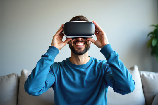 Happy man wearing virtual reality headset at home sitting on sofa. Smiling person experiencing VR technology for gaming, entertainment or education in modern living room. - Powered by Adobe