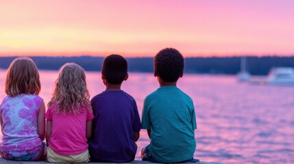 Children enjoy sunset by the water during summer evening together