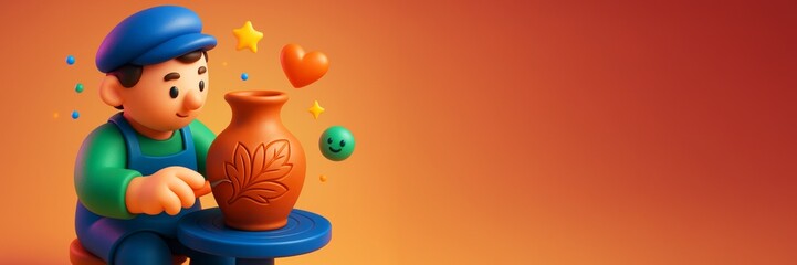 Cute cartoon potter shaping clay vase with smiley icons and leaf design on vibrant orange background with copy space for creative promotion. Ai generative