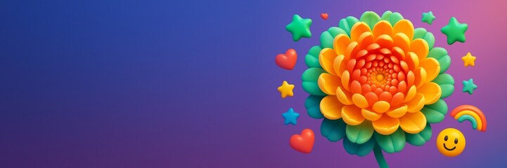 Colorful abstract flower with emoji-like decorations on vibrant gradient background with space for text or promotional design concept. Ai generative