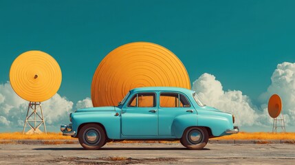 Retro blue car with vintage artistic backdrop