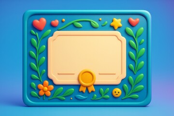 Colorful certificate mockup with floral and heart decorations on blue background, empty space for text or design, playful and creative layout. Ai generative