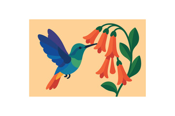 Flat vector illustration of colorful hummingbird sipping nectar from bold tubular flowers rounded shapes clean vector style