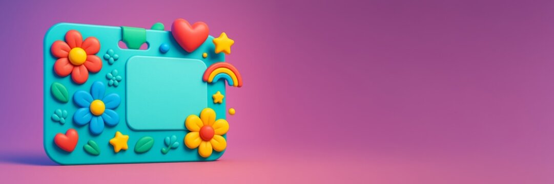 Colorful 3D-style floral frame with heart, rainbow, and stars on vibrant background with space for text or design, creative mockup template. Ai generative