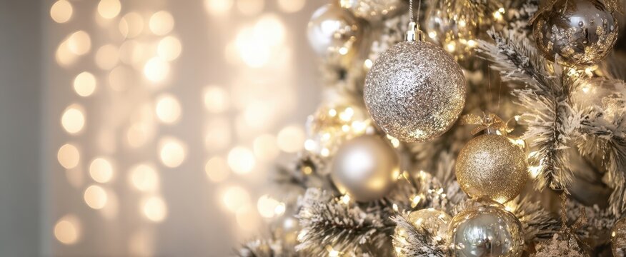 The Christmas tree adorned with gold ornaments and warm bokeh holiday lights