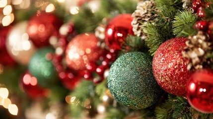 Colorful ornaments adorn a festive holiday greenery arrangement