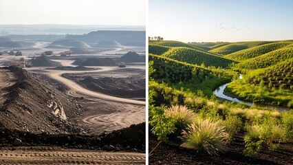Contrasting scenes A bleak mine and a verdant landscape; juxtaposition of industry vs nature