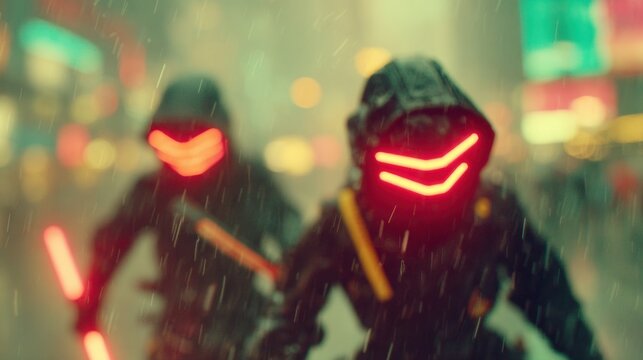 Futuristic figures in rain-soaked city street at night with glowing lights