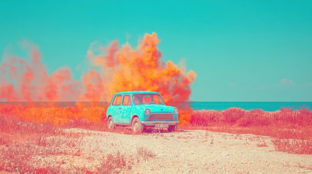 Fototapeta Colorful vintage car near ocean with dramatic explosion in background