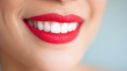 Fototapeta premium Bright red lips showcase a perfect smile in a close-up view of facial expression
