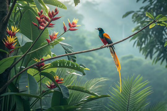 A beautiful wild rainbow lorikeet parrot with colorful feathers and a red beak perches on a tropical tree branch in the green Australian jungle nature
