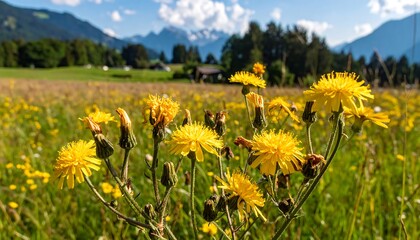 Fototapeta premium Yellow flowers in a field of green, distant mountains under a bright blue sky with fluffy white clouds