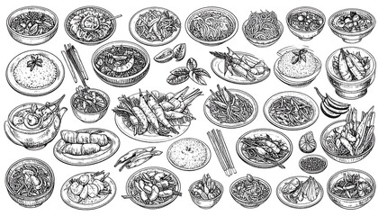 Hand drawn set of asian food dishes, delicious vector illustrations isolated on white