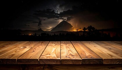 Wooden planks overlook a dark mountain range illuminated by distant lightning during a stormy, starry night