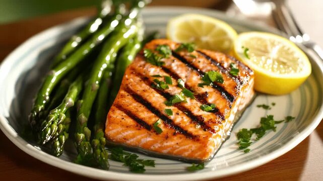 A meal of grilled salmon fillet topped with green spices, served with asparagus spears on a patterned plate. A lemon wedge is placed beside the fish for added flavor.