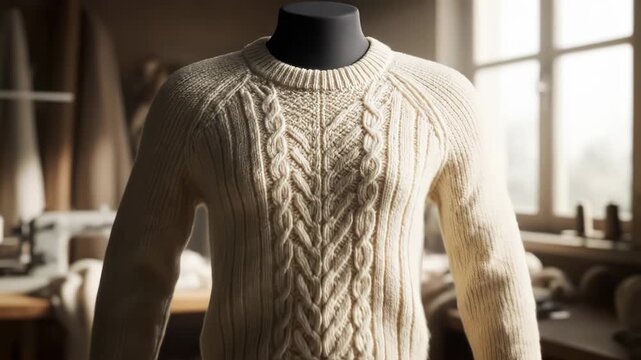 Soft, natural fibers transform into a cozy, handcrafted garment. This warm, elegant sweater showcases traditional knitting craftsmanship.