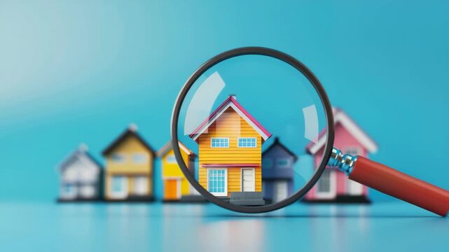 A magnifying glass reveals a colorful neighborhood of houses. Perfect for real estate, property management, or housing-related content.