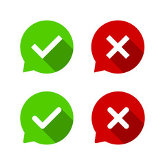 Speech bubble with check and cross mark icon. Approval and rejection message symbol with long shadow