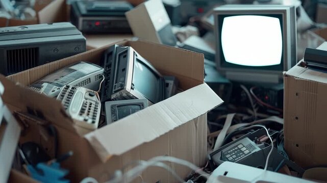 An assortment of electronic devices and parts, including TVs, consoles, and various wires and components. The items are piled in boxes, suggesting a collection or recycling process.