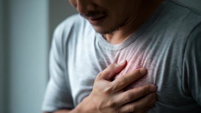 hand hold chest with heart attack symptoms, man have chest pain caused by heart disease, leak, dilatation, enlarged coronary heart, press on the chest with a painful expression