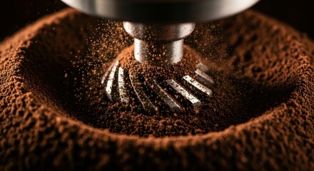 Close-up of fresh ground coffee being prepared in a coffee grinder.