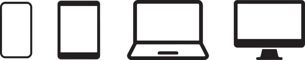 Silhouette device icons showing smartphone, tablet, laptop and desktop for tech and UI design.