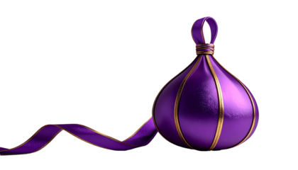 A deep purple festive ornament shaped like a fig or teardrop, decorated with metallic gold stripes. The ornament has a matching ribbon hanger and flowing ribbonite