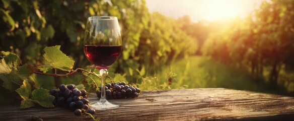 The wine glass and grape clusters on a rustic wooden table in golden vineyard light