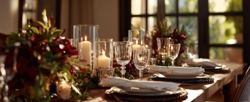 The dining table elegantly set for an intimate candlelit dinner with floral centerpieces - Powered by Adobe