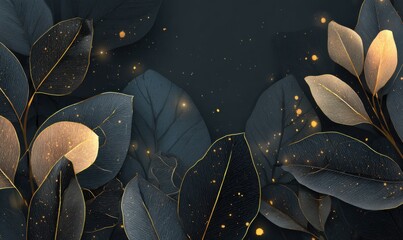 Elegant teal and gold leaves with sparkles on a dark background.