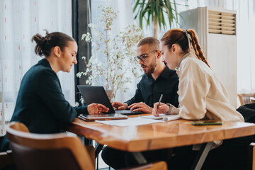 Three coworkers collaborate at a wooden table with a laptop, tablet, and documents, showing...