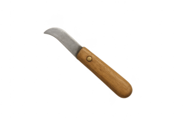 Pruning knife with curved blade and wooden handle