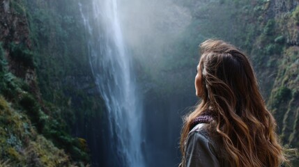 Woman gazing at a majestic waterfall in lush nature
