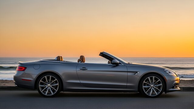Sleek silver convertible parked seaside at sunset, showcasing open top and elegant design