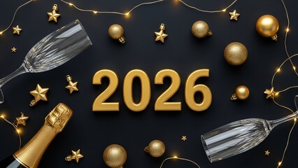Elegant Golden 2026 New Year's Celebration Flat Lay with Champagne, Glasses, and Festive Decorations on a Dark Background, capturing the excitement of the upcoming year