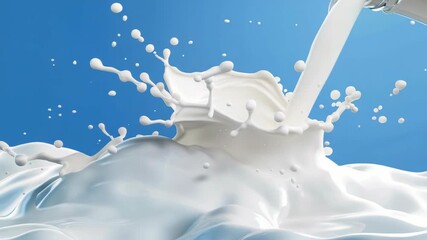 This captures the moment of pouring milk with a camera shutter freeze effect. The white bubbles are suspended in mid-air against a blue backdrop.
