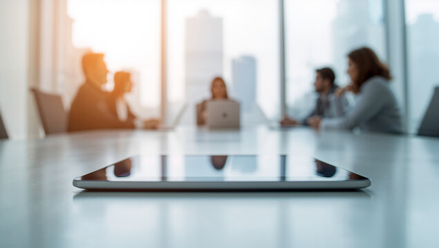 Business meeting with blurred executives collaborating while tablet rests on wooden conference table.