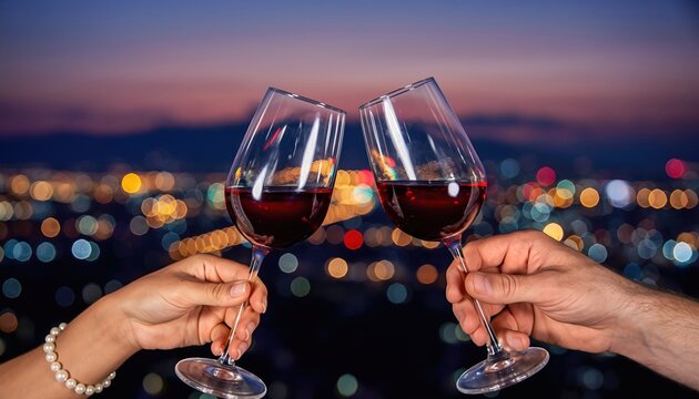 Couple toasting with red wine glasses overlooking a city skyline at dusk.