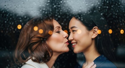 Romantic kiss on rainy day with bokeh lights