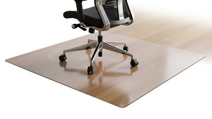 An office chair sits on a clear floor mat, protecting the hardwood flooring