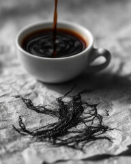 Coffee being poured, contrasted with a chaotic, black thread design.