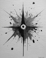 Abstract black ink art resembling a starburst or explosion pattern.