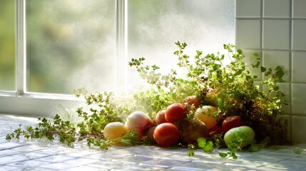 Fresh herbs and ripe tomatoes brightening a sunny kitchen window