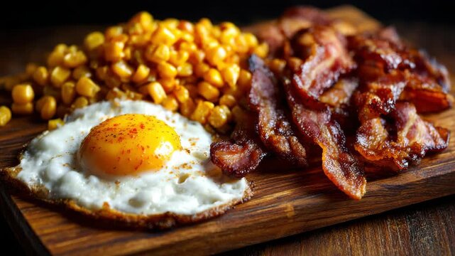 Hearty Breakfast on Wooden Board featuring Fried Egg with Yellow Yolk Bacon Strips and Pile of Corn Kernels in Warm Lighting and Rustic Ambiance
