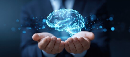 Hands holding glowing digital brain hologram against dark background