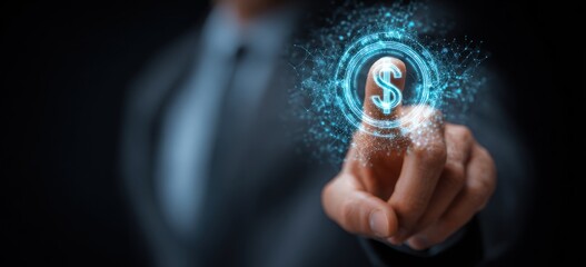 Finger touching glowing digital dollar symbol network interface concept