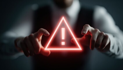 Businessman interacts with glowing red warning triangle interface
